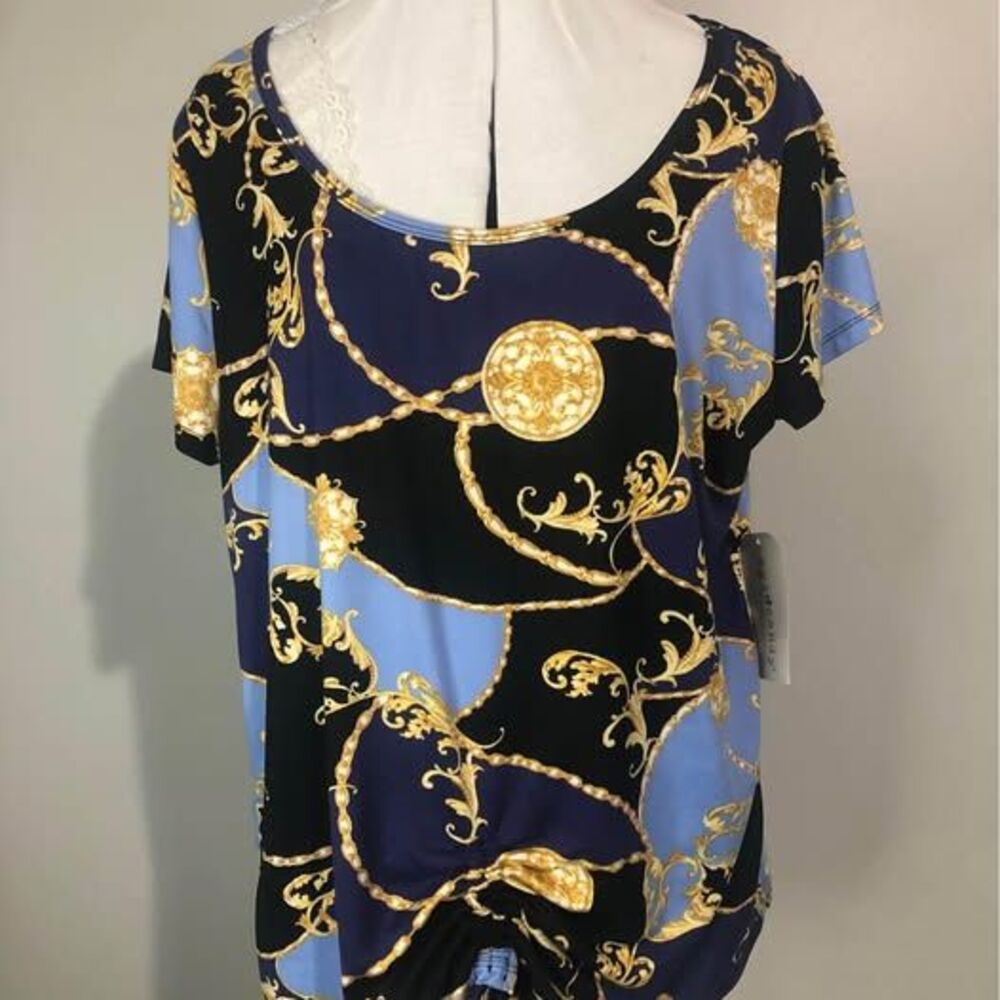 NWT Blouse 3X Eye Candy Short Sleeve Black & Blue & Gold 22” pit-pit C3856